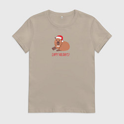 Футболка хлопковая женская Капибара Новый Год, цвет: миндальный