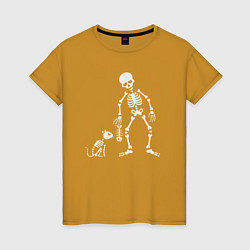 Футболка хлопковая женская Котик и скелет, цвет: горчичный