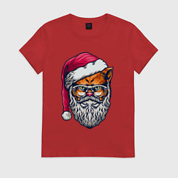 Футболка хлопковая женская Санта кот, цвет: красный