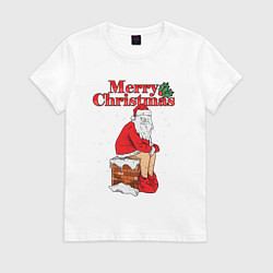 Футболка хлопковая женская Санта на крыше, цвет: белый