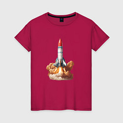 Футболка хлопковая женская Взлет космической ракеты, цвет: маджента