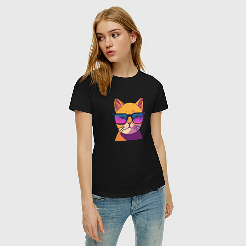 Женская футболка Кот в стильных очках / Черный – фото 3