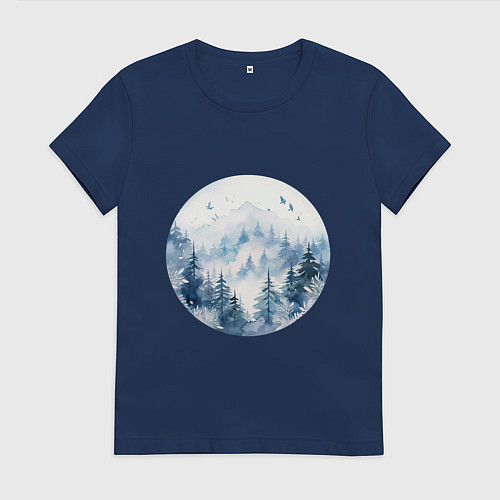 Женская футболка Горы в тумане в круге / Тёмно-синий – фото 1