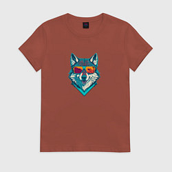 Футболка хлопковая женская Арт портрет волка в стильных очках, цвет: кирпичный