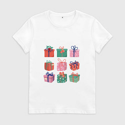 Футболка хлопковая женская Подарочные разноцветные коробки, цвет: белый