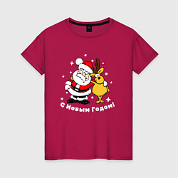 Футболка хлопковая женская Дед мороз с оленем, цвет: маджента