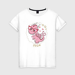 Футболка хлопковая женская Розовый дракончик 2024, цвет: белый