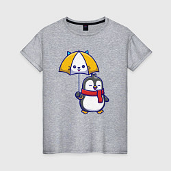 Футболка хлопковая женская Пингвинчик под зонтом, цвет: меланж