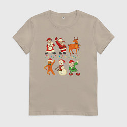 Футболка хлопковая женская Сказочные новогодние персонажи, цвет: миндальный