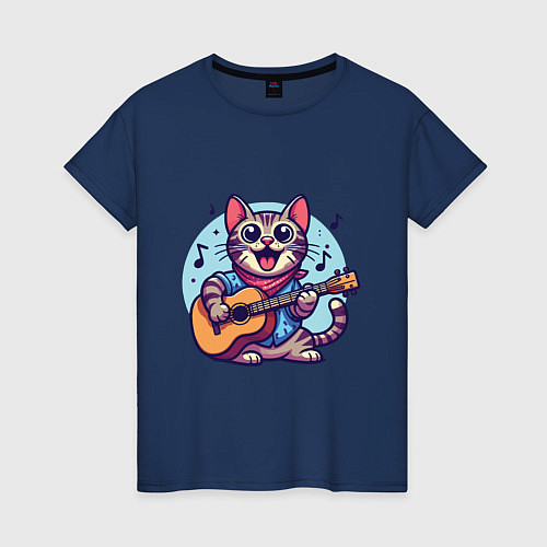 Женская футболка Полосатый кот играет на гитаре / Тёмно-синий – фото 1