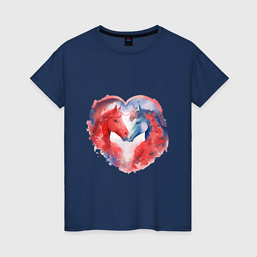 Женская футболка Влюбленные лошади акварель / Тёмно-синий – фото 1