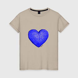 Футболка хлопковая женская Синее сердце нарисованное карандашами, цвет: миндальный