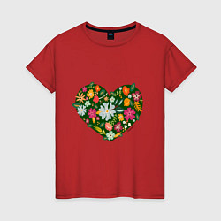Футболка хлопковая женская Сердце из цветов и травы, цвет: красный