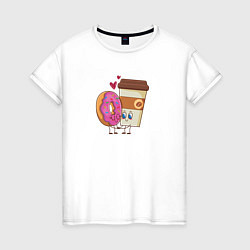 Футболка хлопковая женская Любовь кофе и пончик, цвет: белый
