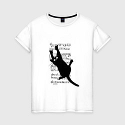 Футболка хлопковая женская Кот повис на музыкальных нотах, цвет: белый