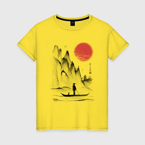 Женская футболка Традиционный японский пейзаж с рыбаком и горами / Желтый – фото 1