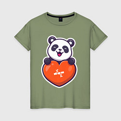 Футболка хлопковая женская Сердечная панда, цвет: авокадо