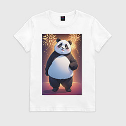 Футболка хлопковая женская Панда в свитере под салютом - ai art, цвет: белый