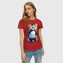Футболка хлопковая женская Панда в свитере под салютом - ai art, цвет: красный — фото 2