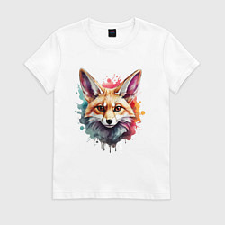 Футболка хлопковая женская Лиса акварель 2, цвет: белый