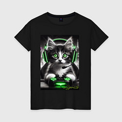 Футболка хлопковая женская Котёнок командный геймер - киберспорт, цвет: черный