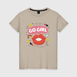 Футболка хлопковая женская Go girl lips, цвет: миндальный