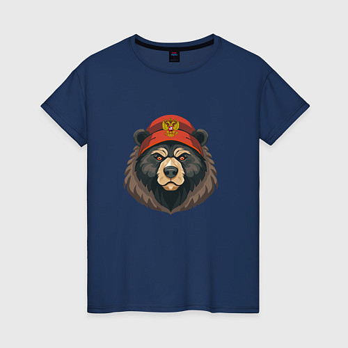 Женская футболка Русский медведь в шапке с гербом / Тёмно-синий – фото 1