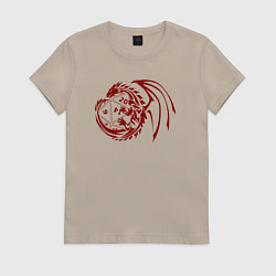 Футболка хлопковая женская Дракон вокруг игральной кости, цвет: миндальный