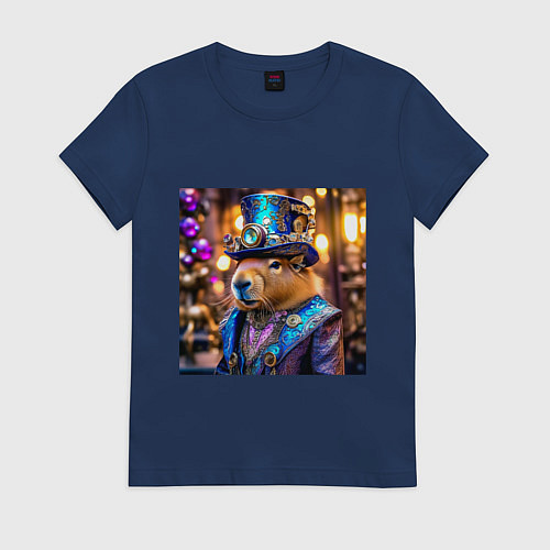 Женская футболка Мем капибара в цилиндре стиль стимпанк / Тёмно-синий – фото 1