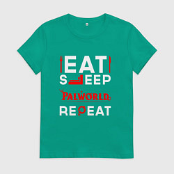 Футболка хлопковая женская Надпись eat sleep Palworld repeat, цвет: зеленый