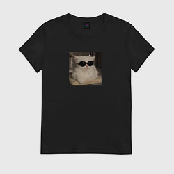 Футболка хлопковая женская Кот мем в крутых очках, цвет: черный