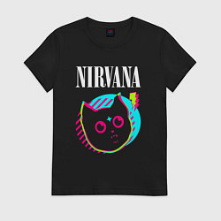 Футболка хлопковая женская Nirvana rock star cat, цвет: черный