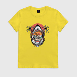 Футболка хлопковая женская Акула и пальмы, цвет: желтый