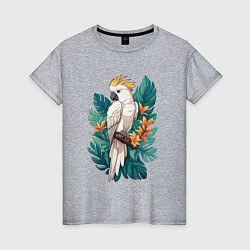 Футболка хлопковая женская Попугай какаду и тропические листья, цвет: меланж