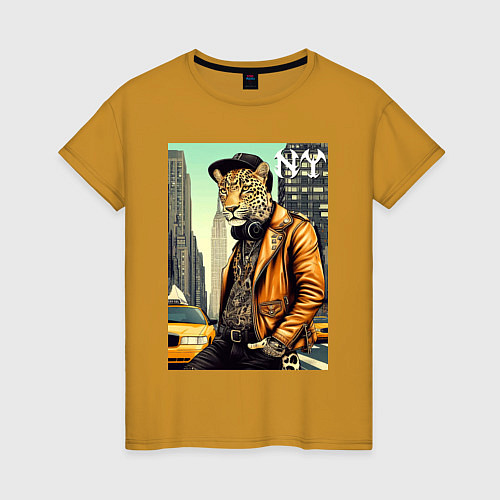 Женская футболка The cool leopard is a New Yorker / Горчичный – фото 1