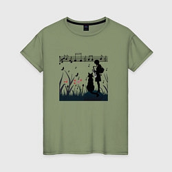Женская футболка Девушка и кот или музыка для души