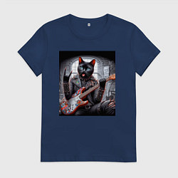 Футболка хлопковая женская Чёрный котяра рок гитарист, цвет: тёмно-синий