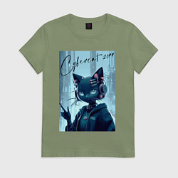 Футболка хлопковая женская Cybercat 2099 - ai art, цвет: авокадо