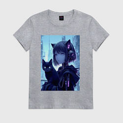 Футболка хлопковая женская Девчонка кошка с котёнком - нейросеть, цвет: меланж