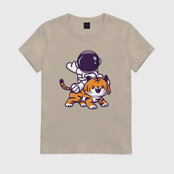 Футболка хлопковая женская Космонавт и тигр, цвет: миндальный