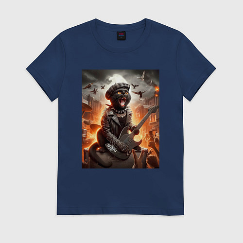 Женская футболка Чёрный котик играет на гитаре - нейросеть / Тёмно-синий – фото 1