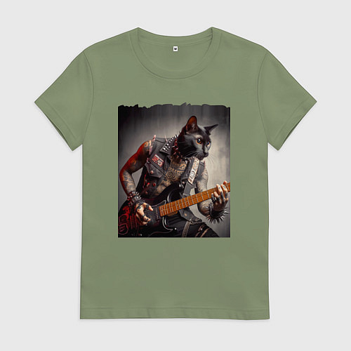 Женская футболка Татуированный чёрный котяра рок гитарист / Авокадо – фото 1
