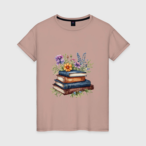 Женская футболка Стопка книг с полевыми цветами / Пыльно-розовый – фото 1