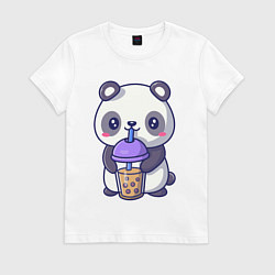 Футболка хлопковая женская Panda drink, цвет: белый