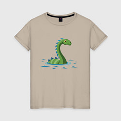 Футболка хлопковая женская Динозаврик, плывущий в воде, цвет: миндальный