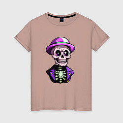 Футболка хлопковая женская Скелет в фиолетовой шляпе, цвет: пыльно-розовый