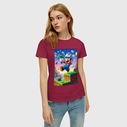 Футболка хлопковая женская Марио и Майнкрафт - коллаба, цвет: маджента — фото 2