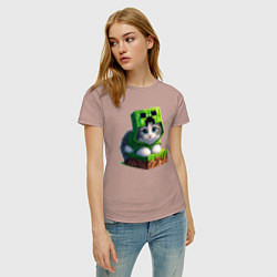 Футболка хлопковая женская Kitten creeper collaboration - ai art, цвет: пыльно-розовый — фото 2