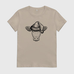 Футболка хлопковая женская Буренка новогодняя, цвет: миндальный