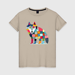 Футболка хлопковая женская Funny wolf - patchwork ai art, цвет: миндальный